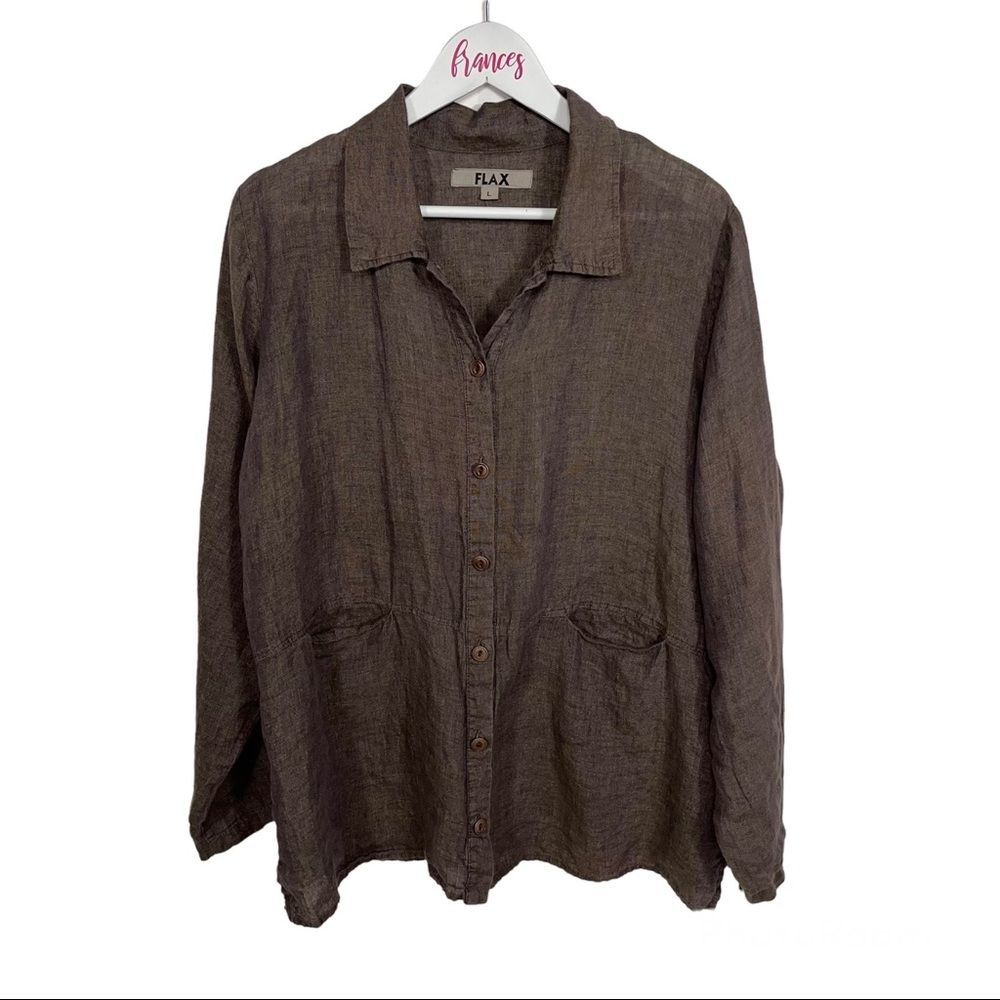 Flax long sleeve button down 100% linen blouse brown large summer top